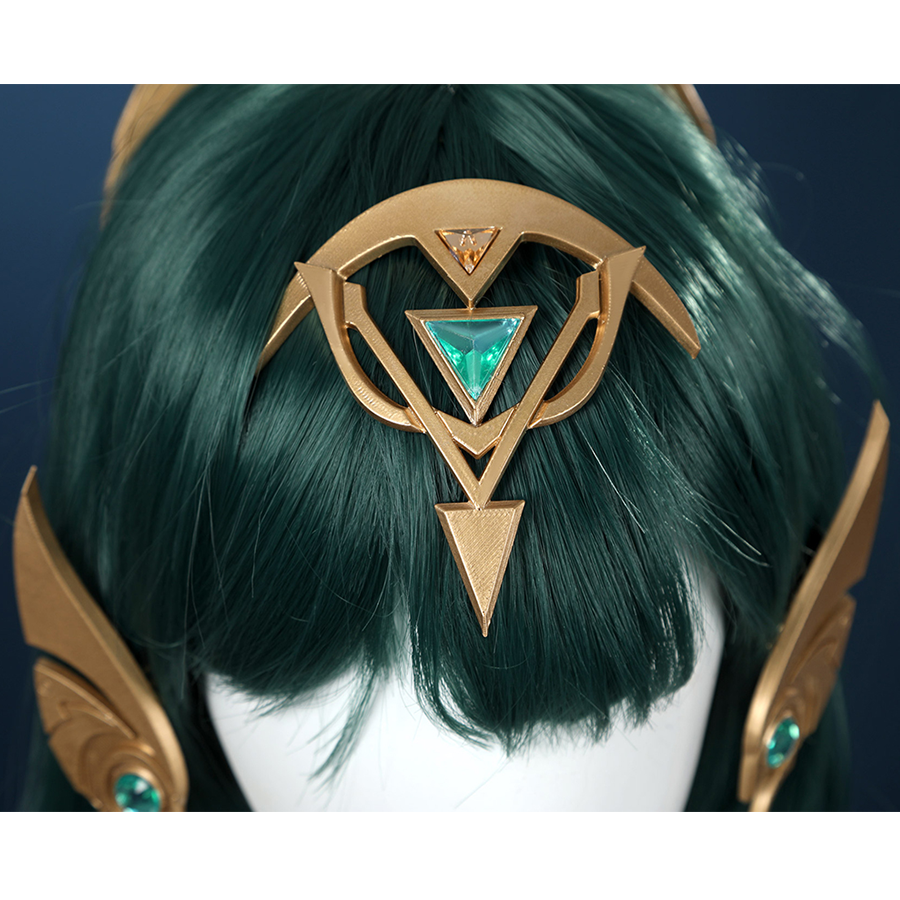 Genshin Impact Nefer Cosplay Costume, golden with green decoration, front of the headwear