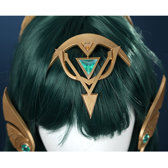 Genshin Impact Nefer Cosplay Costume, golden with green decoration, front of the headwear