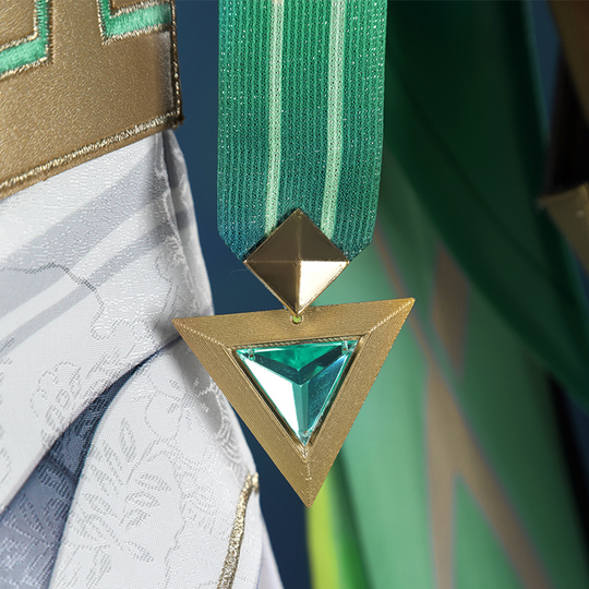 Genshin Impact Nefer Cosplay Costume , green and dark blue top, green ribbins with gemstone decoration