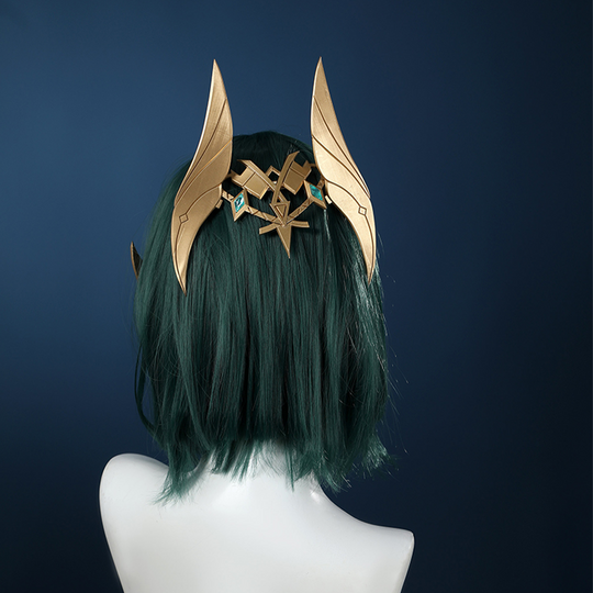 Genshin Impact Nefer Cosplay Costume, golden and green headwear, back view