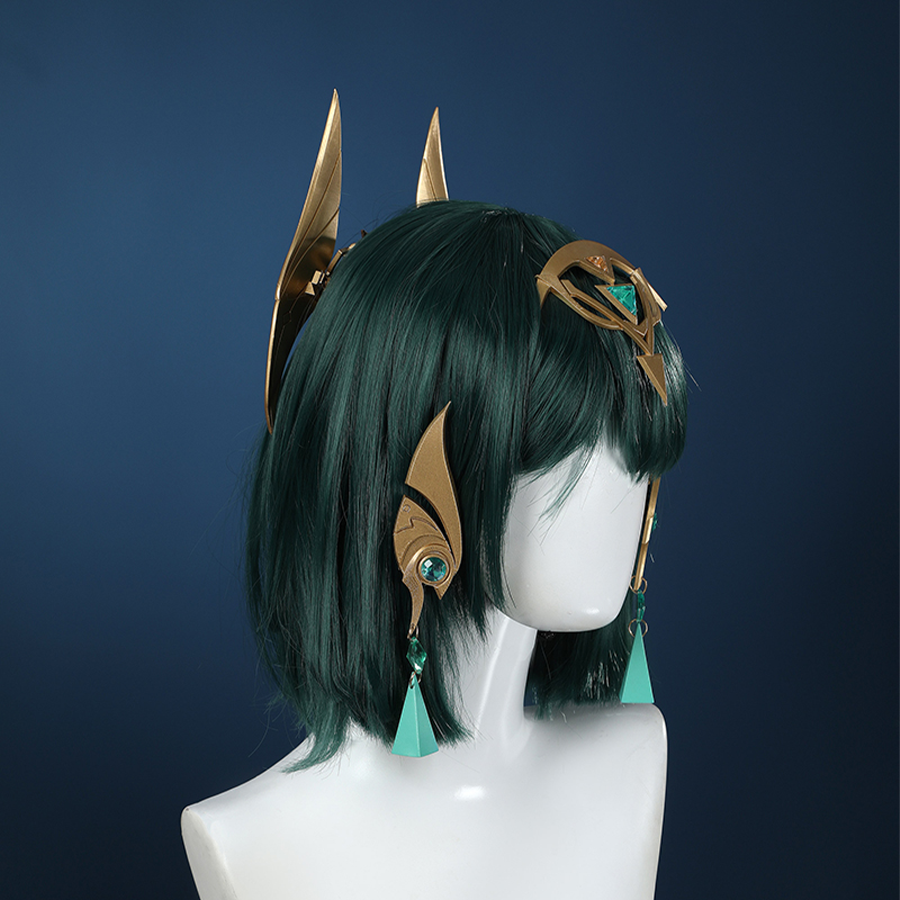 Genshin Impact Nefer Cosplay Costume, golden and green headwear, side view