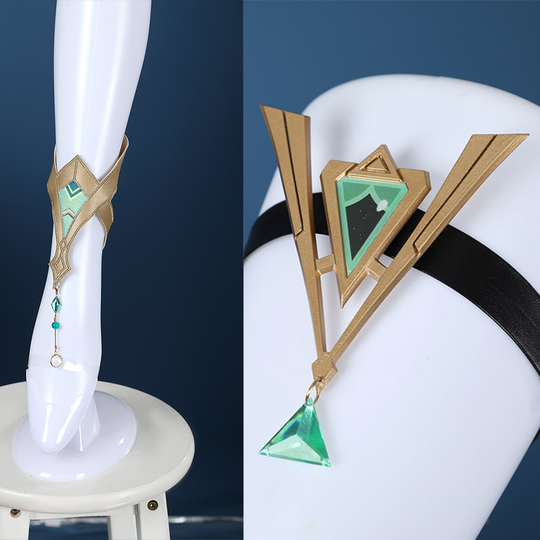Genshin Impact Nefer Cosplay Costume, leg loops and leg covers, mainly golden and green colors