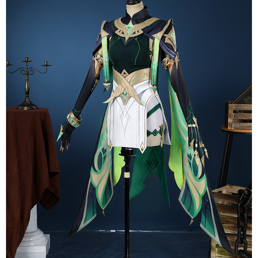 Genshin Impact Nefer Cosplay Costume, green and white outfit with rich pattern design, right side view