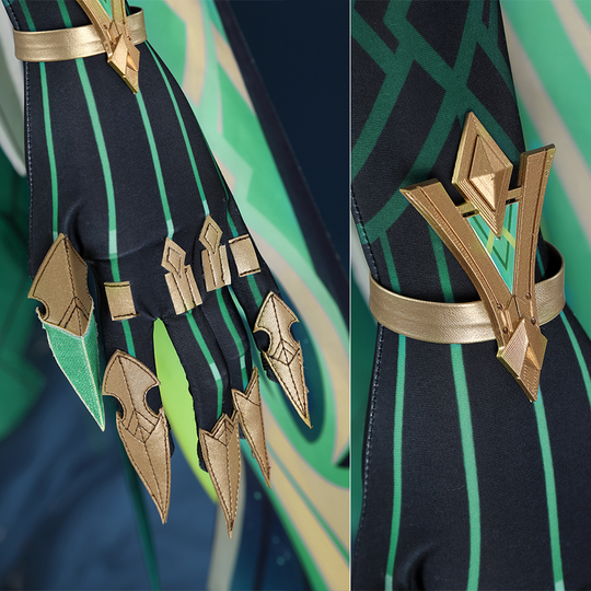 Genshin Impact Nefer Cosplay Costume close-up of sleeves, showing golden fingertips and bracelet