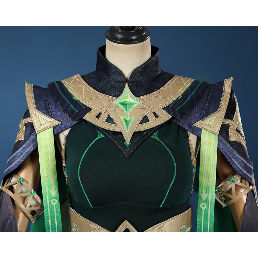 Genshin Impact Nefer Cosplay Costume , green and dark blue top with rich golden pattern design