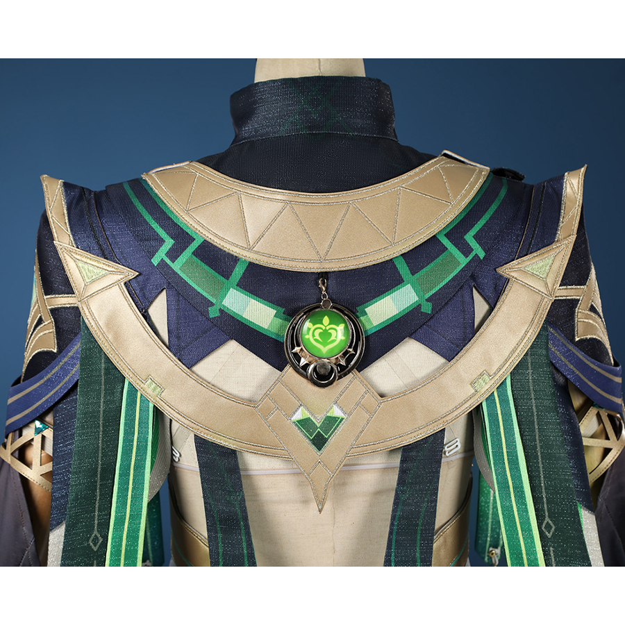 Genshin Impact Nefer Cosplay Costume back view of top, mainly golden green and navy colors