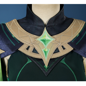 Genshin Impact Nefer Cosplay Costume , close-up of chest view, showing golden and green pattern design