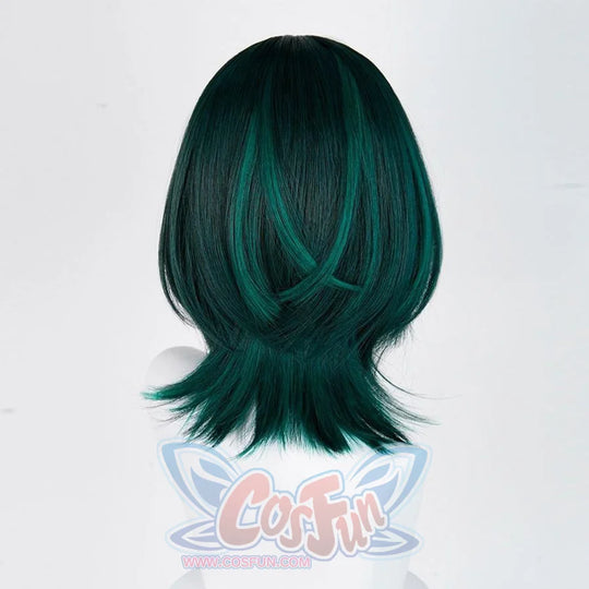 Genshin Impact Nefer cosplay wig layers teal highlighted dark green shaggy bob cut natural flared ends.