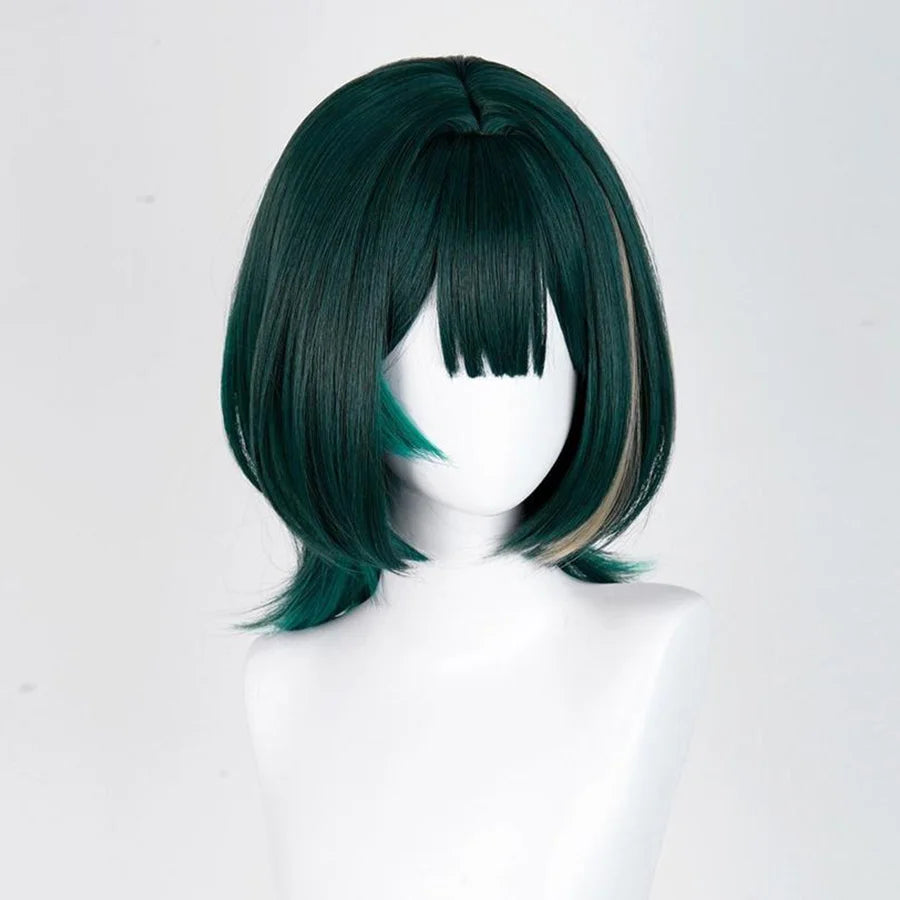 Genshin Impact Nefer Cosplay wig, short dark green wig with blonde highlights on the left side, front view