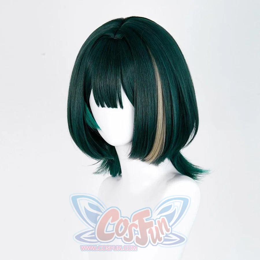 Genshin Impact Nefer Cosplay wig, short dark green wig with blonde highlights on the left side, side view