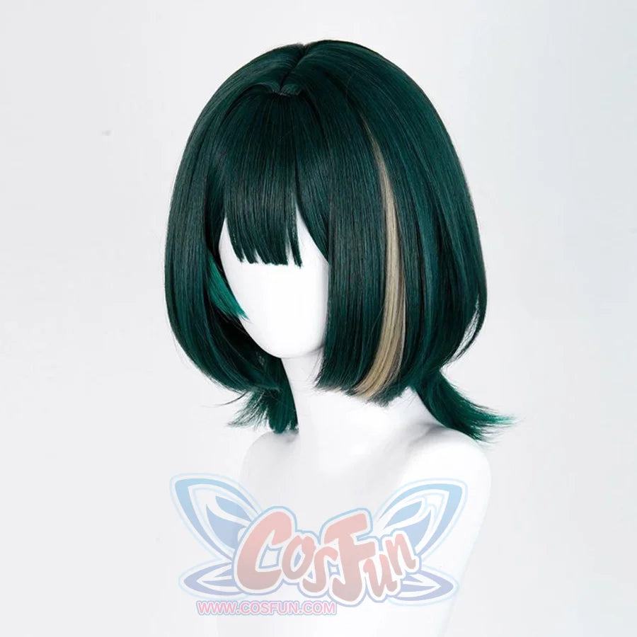 Genshin Impact Nefer Cosplay wig, short dark green wig with blonde highlights on the left side, side view