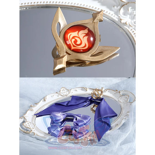 Nicole cosplay costume vision accessories featuring gold brooch with red gem and purple ribbon bows