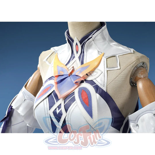 Nicole cosplay costume collar close-up featuring purple trim with red gem and white structured design