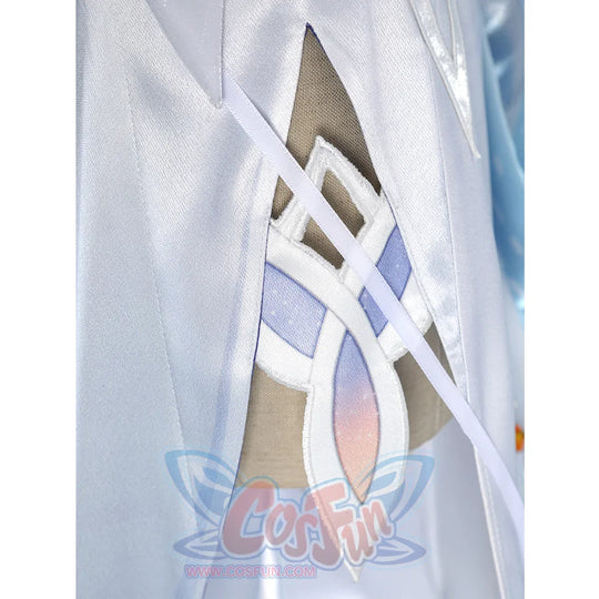 Nicole cosplay costume dress embellishment close-up with gold and purple geometric design patterns