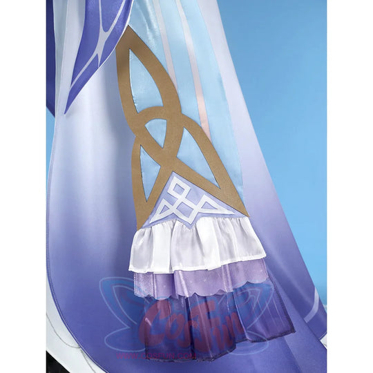 Nicole cosplay costume train end detail with gold geometric trim and layered purple ruffles