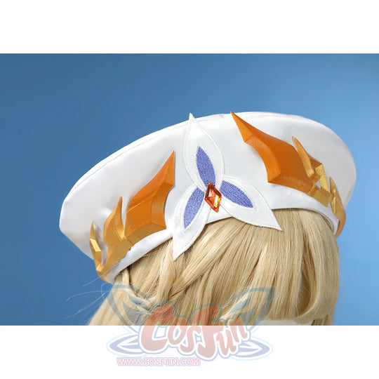 Nicole cosplay costume hat close-up with orange leaf and blue butterfly emblem decorations