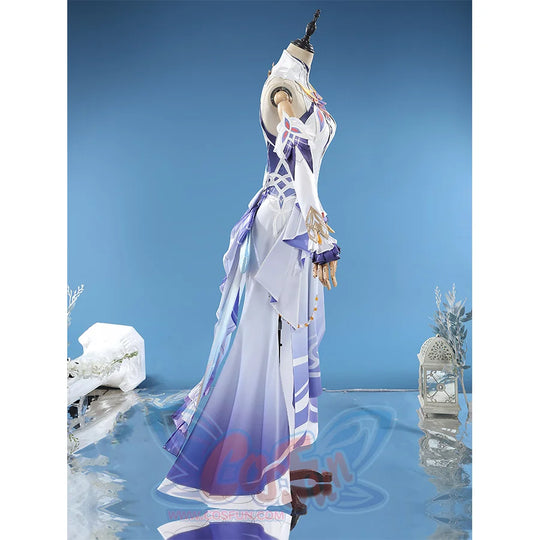 Nicole cosplay costume right side view highlighting elegant purple gradient skirt and detailed bodice