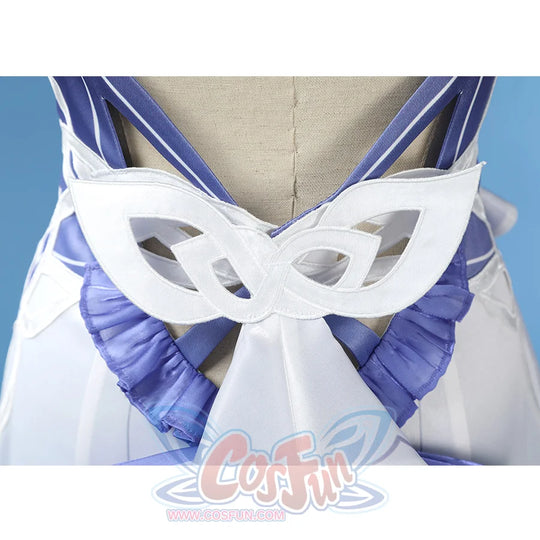 Nicole cosplay costume back bow train detail with white mask design and purple ribbon accents