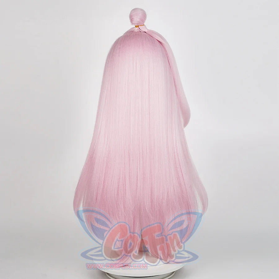 Genshin Impact Aino cosplay wig in pink with long straight hair and top bun, front view on mannequin head
