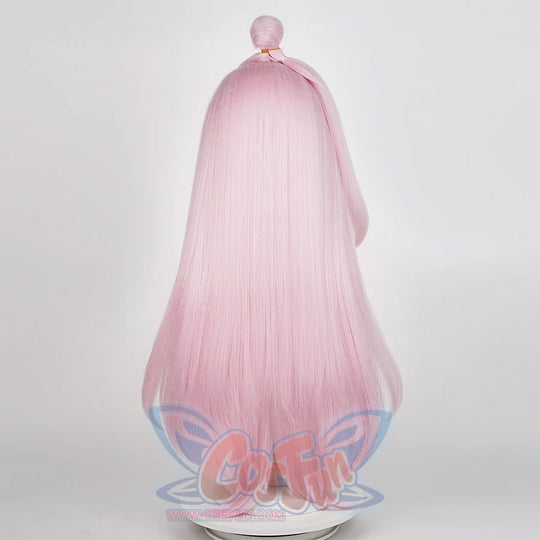 Pink Aino cosplay wig back view showing straight long hair with yellow hair tie and top bun hairstyle