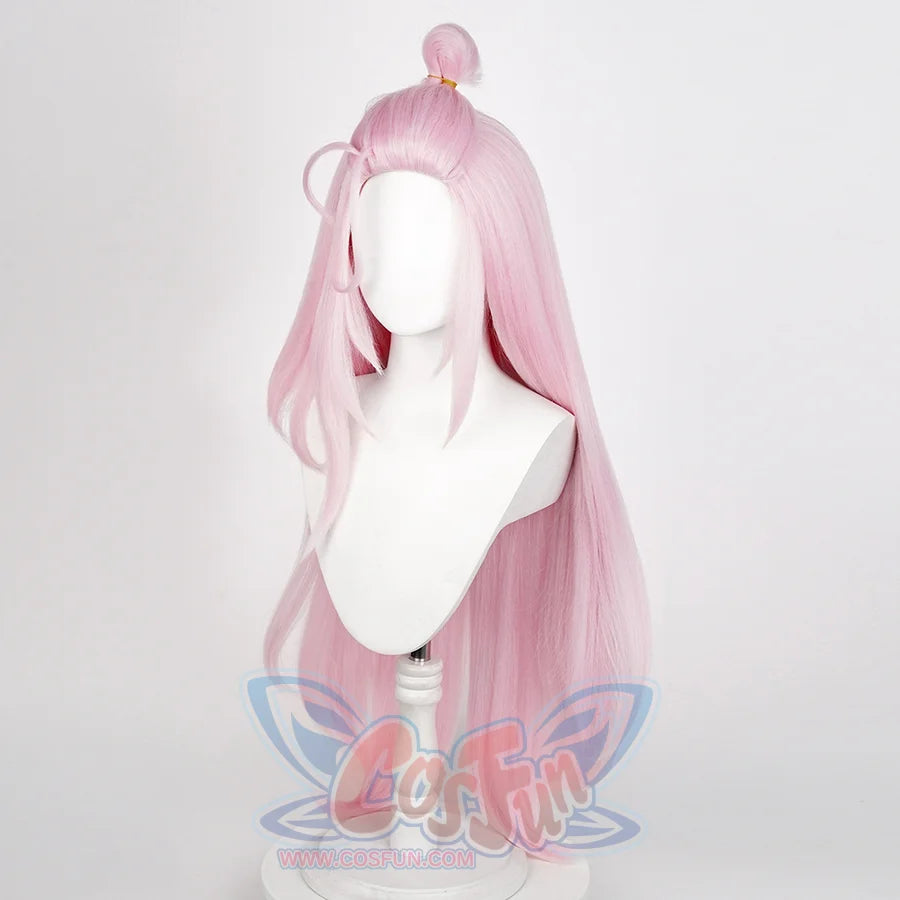 Genshin Impact Aino cosplay wig left side angle with pink long hair, bun styling, and flowing strands