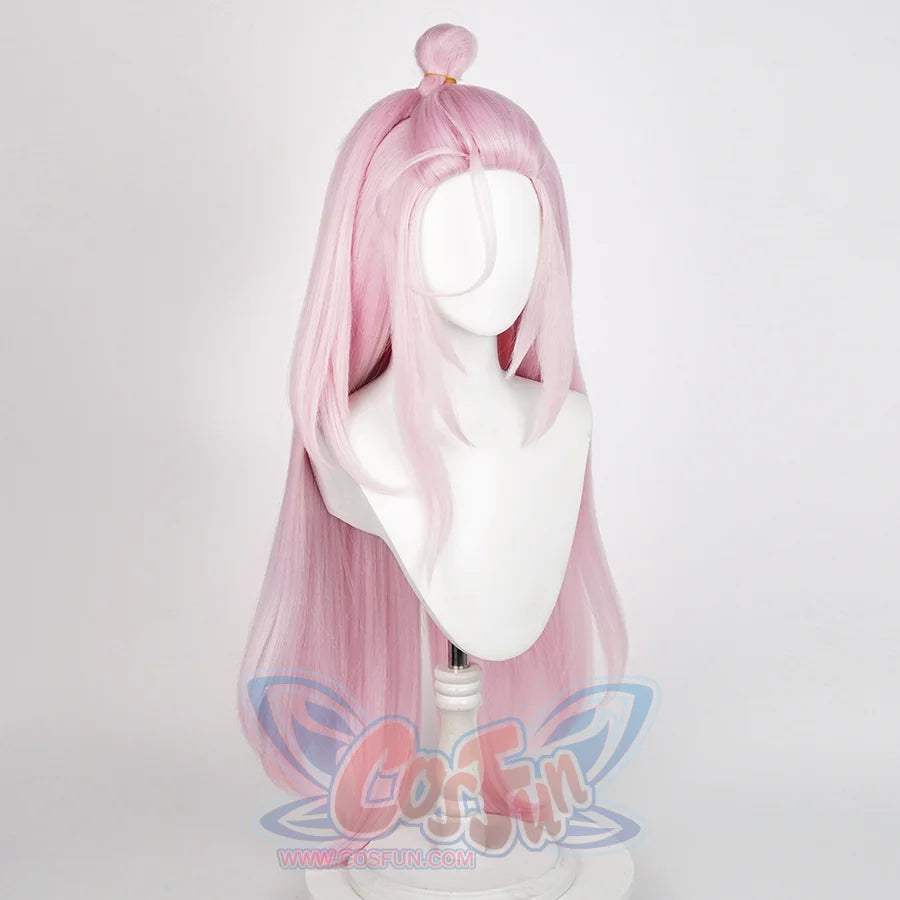 Aino cosplay wig right side profile showing pink long hair with bun and bangs styled for Genshin Impact