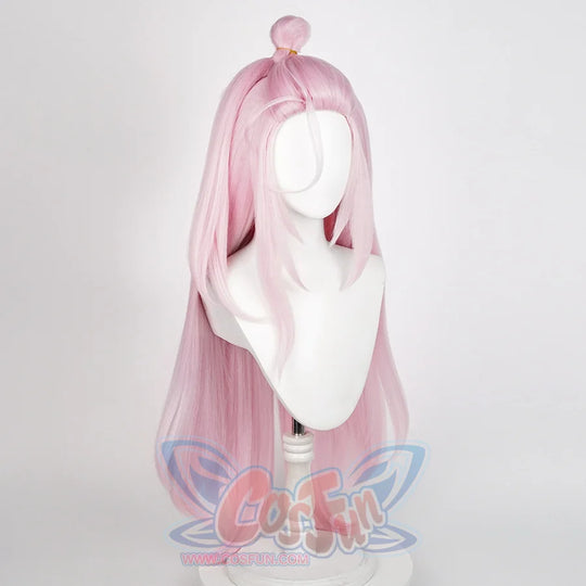 Aino cosplay wig right side profile showing pink long hair with bun and bangs styled for Genshin Impact