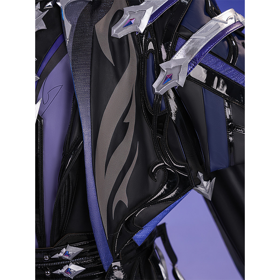 Flins cosplay costume cloak assembly showing purple vest, black straps, silver ornaments and blue ribbons