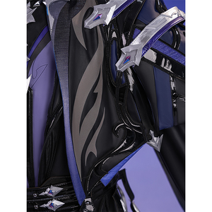 Flins cosplay costume cloak assembly showing purple vest, black straps, silver ornaments and blue ribbons