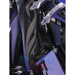 Flins cosplay costume cloak assembly showing purple vest, black straps, silver ornaments and blue ribbons