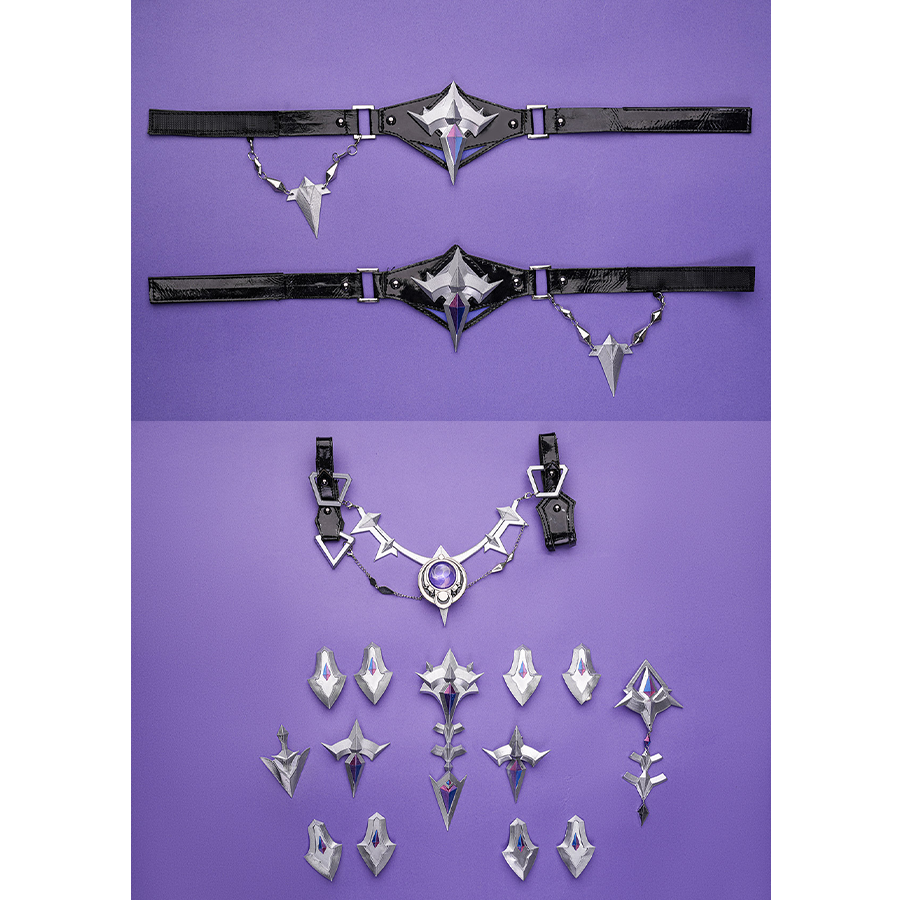 Flins cosplay costume accessories display featuring black belts, silver chains and metal ornament studs