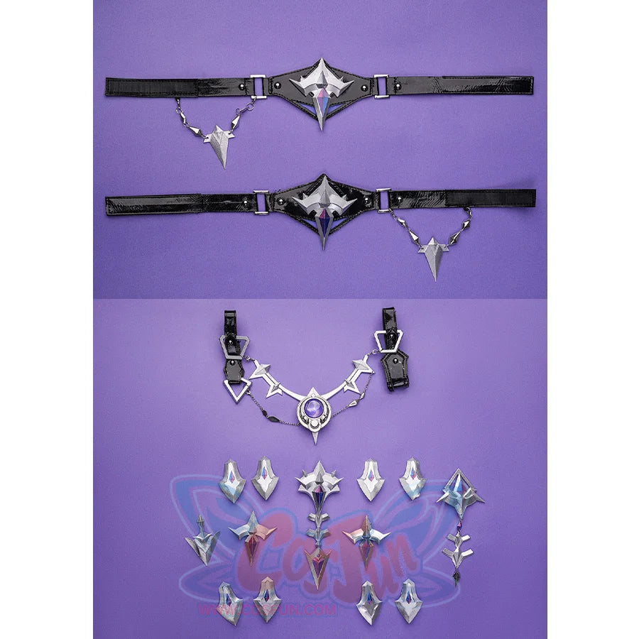 Flins cosplay costume accessories display featuring black belts, silver chains and metal ornament studs