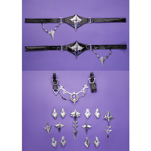 Flins cosplay costume accessories display featuring black belts, silver chains and metal ornament studs