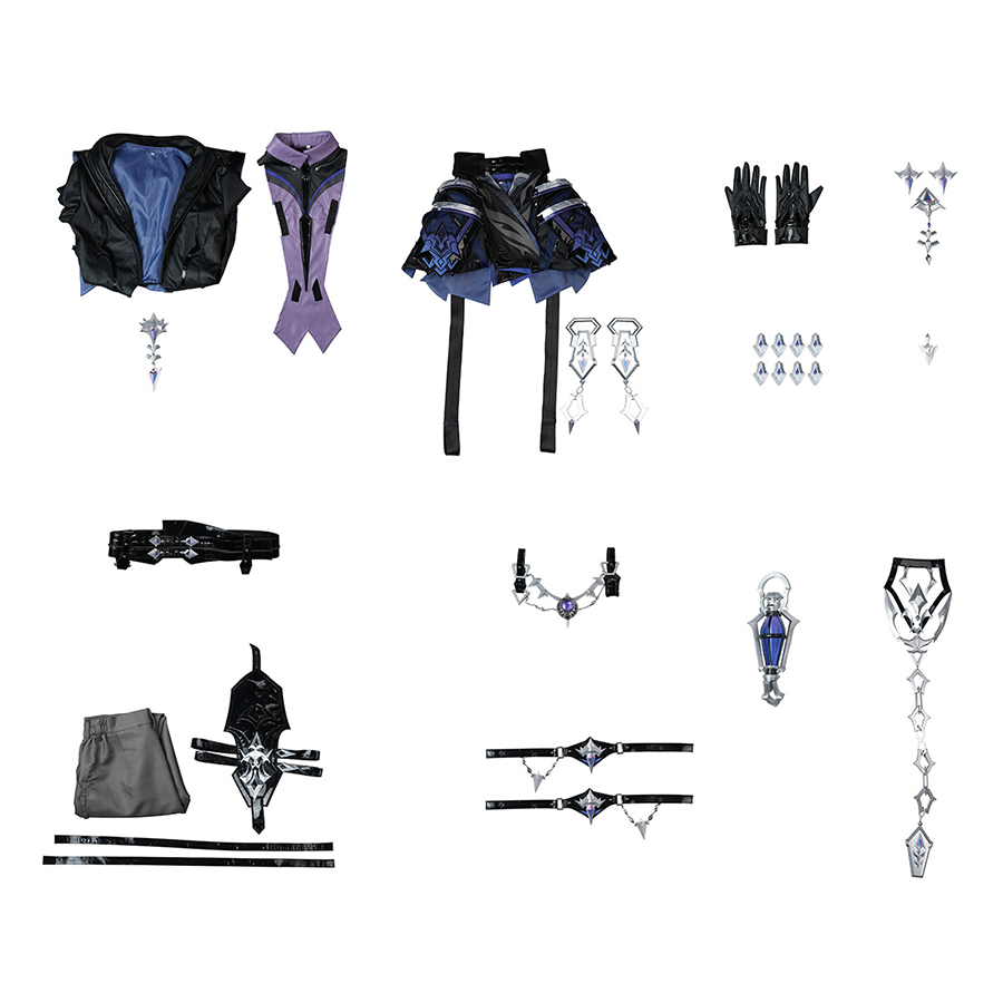 Flins cosplay costume complete set displaying all pieces including coat, pants, gloves and accessories