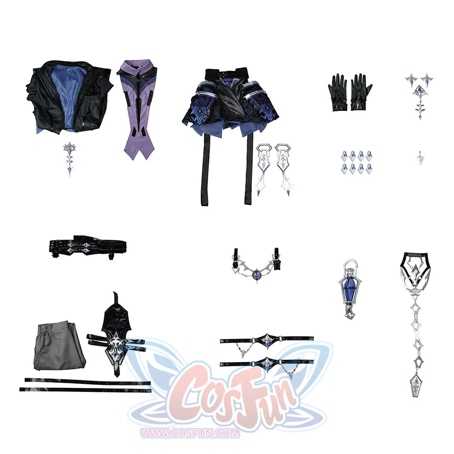 Flins cosplay costume complete set displaying all pieces including coat, pants, gloves and accessories