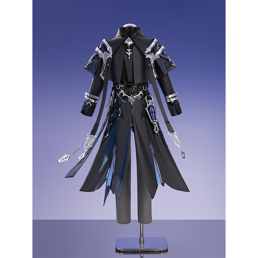 Flins cosplay costume back view displaying black coat with blue accents and decorative chain details