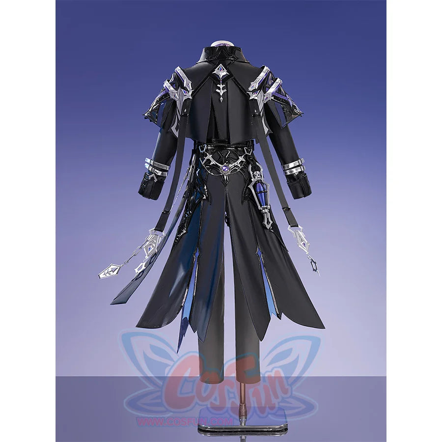 Flins cosplay costume back view displaying black coat with blue accents and decorative chain details