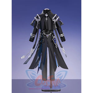 Flins cosplay costume back view displaying black coat with blue accents and decorative chain details