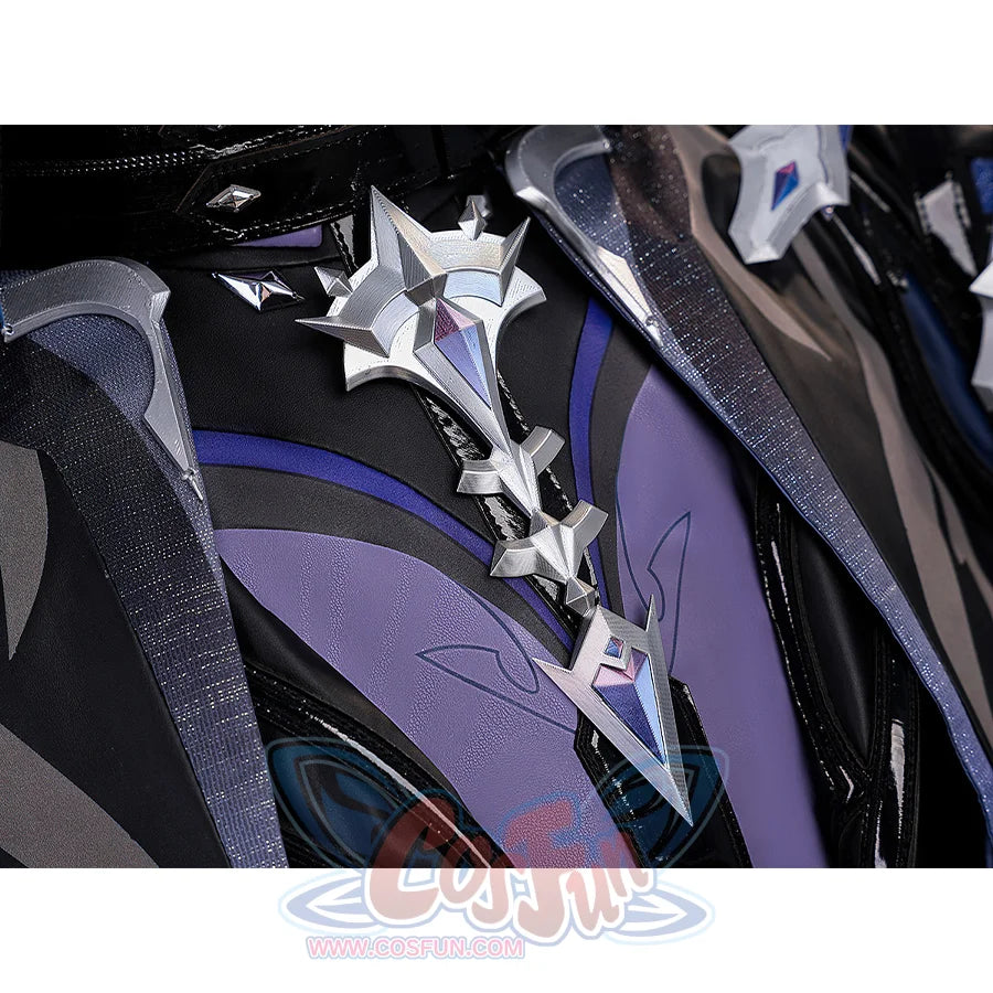 Flins cosplay costume chest detail showing silver cross brooch with purple gem on black and purple vest