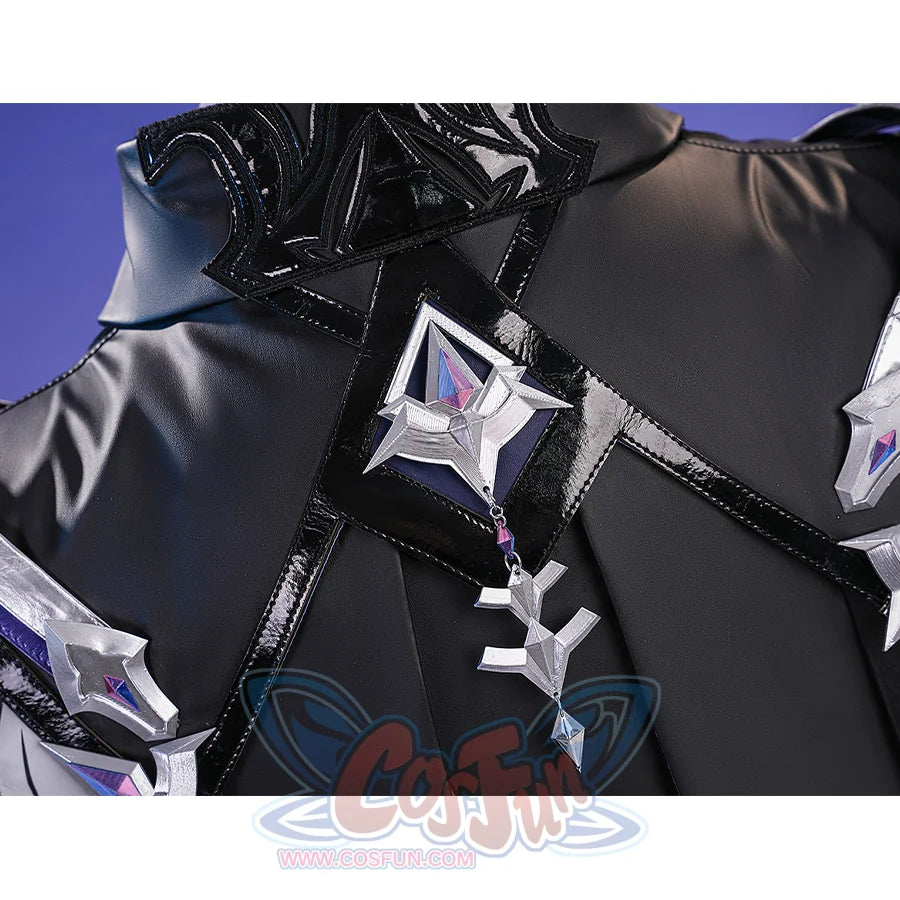 Flins cosplay costume cloak back ornament close-up with silver stars, purple gems and black strap chains