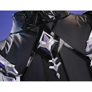Flins cosplay costume cloak back ornament close-up with silver stars, purple gems and black strap chains