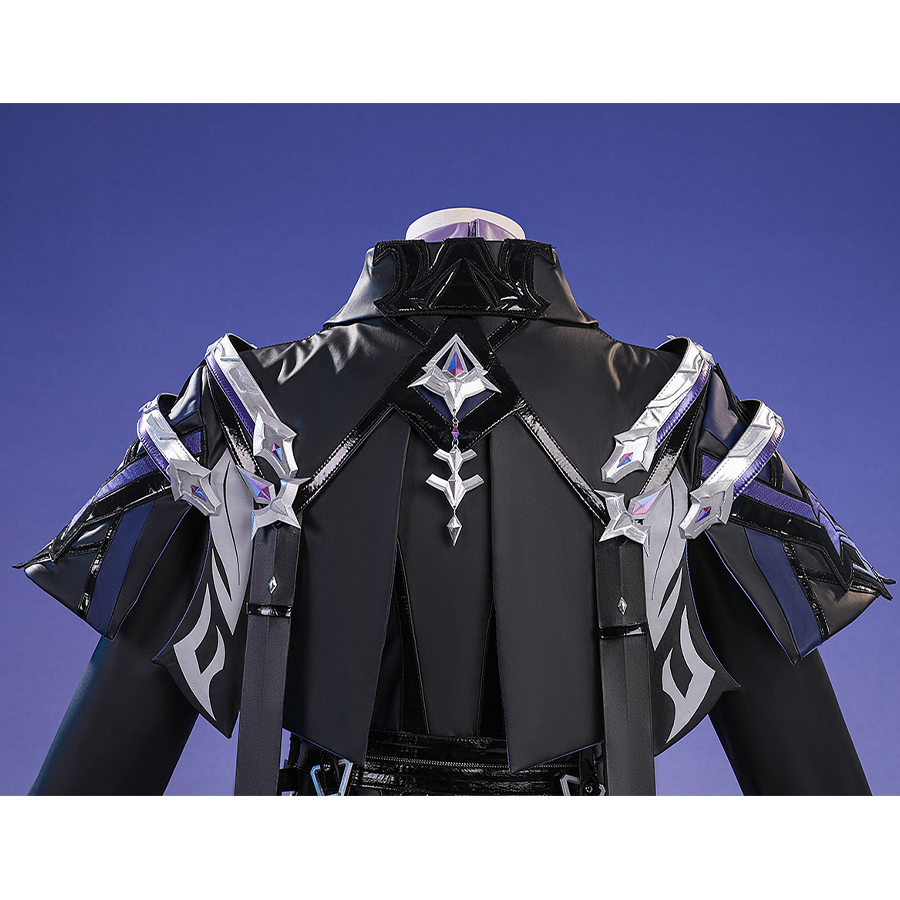 Flins cosplay costume cloak back view featuring black fabric, silver star ornaments and white trim details
