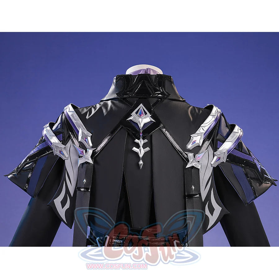 Flins cosplay costume cloak back view featuring black fabric, silver star ornaments and white trim details