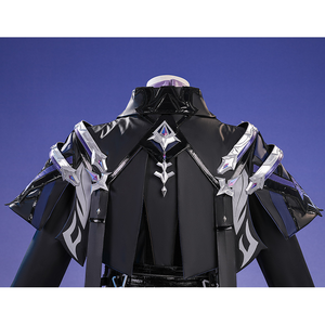 Flins cosplay costume cloak back view featuring black fabric, silver star ornaments and white trim details