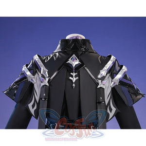 Flins cosplay costume cloak back view featuring black fabric, silver star ornaments and white trim details