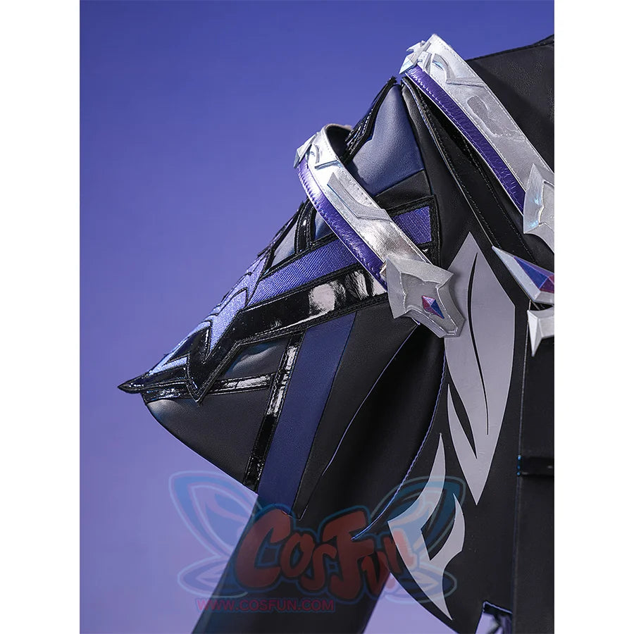 Flins cosplay costume cloak draping detail with silver white trim and blue black geometric patterned fabric