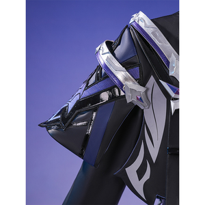 Flins cosplay costume cloak draping detail with silver white trim and blue black geometric patterned fabric