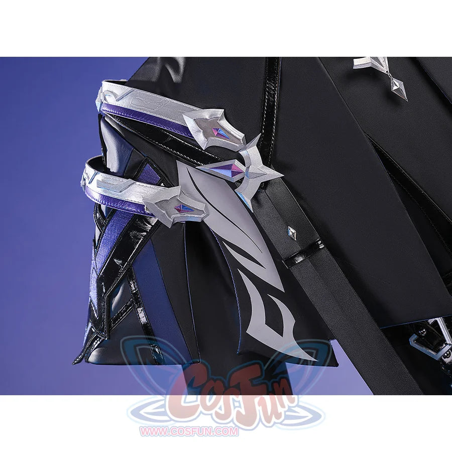 Flins cosplay costume cloak back decoration detail showing silver star ornament with purple gem accents