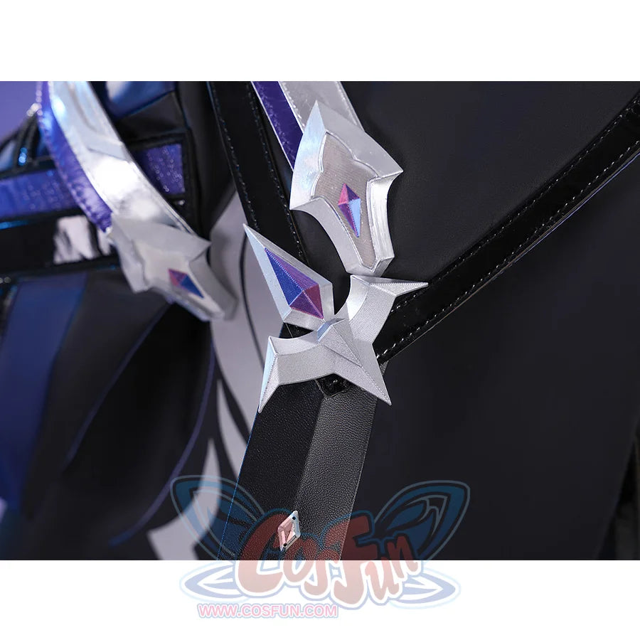 Flins cosplay costume cloak ornament detail featuring silver star decoration with purple gem on black strap