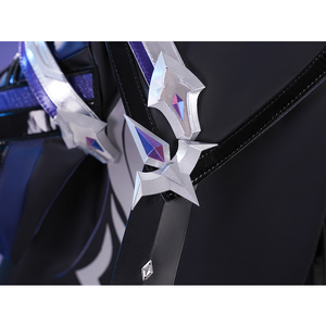 Flins cosplay costume cloak ornament detail featuring silver star decoration with purple gem on black strap